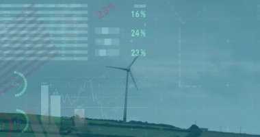 Tepelerde dönen rüzgar türbini, şeffaf veri tabloları, şebekeler, dünya haritası örtüleri. Yenilenebilir, sürdürülebilirlik, teknoloji, ekolojik, geleceksel, çevre dostu, analitik