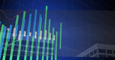 Ofis cephesinde yüzen dijital finansal bar şeması kırmızı trend çizgileri ve ızgara çizgileri gösteriyor. Finansal analizler, veri görselleştirme, şirket, teknoloji, yatırım, iş zekası, modern