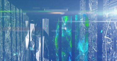 Bilgisayar devre kartı ile sütunların üzerindeki bağlantı ağının resmi. küresel teknoloji, bilgisayar ve dijital arayüz kavramı dijital olarak oluşturulmuş görüntü.