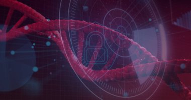 Yuvarlak tarayıcı ve asma kilit ve dönen DNA yapısına karşı kalkan ikonu. tıbbi araştırma ve bilim teknolojisi kavramı