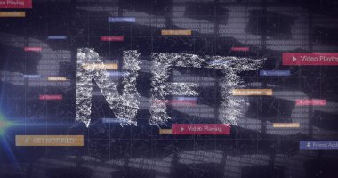 Nft text banner and social media icons against network of connections and security chain icon. cryptocurrency and art technology concept