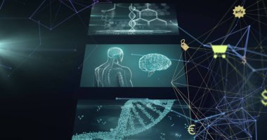 Image of network of connections and data processing over black background. global connections, data processing and digital interface concept digitally generated image.