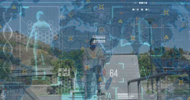 Çift ırklı kaykay üzerinde veri işleme görüntüsü. küresel iş ve dijital arayüz kavramı dijital olarak oluşturulmuş görüntü.