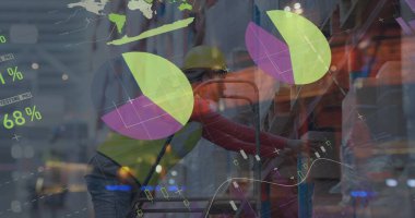 Depodaki beyaz kadın işçinin veri işleme görüntüsü. küresel iş, finans, bağlantılar ve dijital arayüz konsepti dijital olarak oluşturulmuş görüntü.