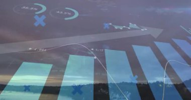 Alacakaranlıkta nehir kenarı üzerinde mavi X işaretli kırmızı ve yeşil rakamlar sergileniyor. Fütürist, kentsel, dijital, teknoloji, finansal, yansıtıcı, canlı