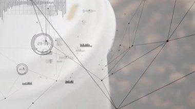 Kahve çekirdeği ve fincanın kenarındaki dalgaboyu çubukları ve veri göstergeleri ile bağlı dijital düğümler oluşturuluyor. Teknoloji, veri, yenilik, siber güvenlik, analitik, modern, gelecekçi