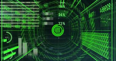 Gelecekçi HUD projeksiyonları neon yeşil turta grafikleri ve dönen sayısal değerlerle parlayan yüzük. Teknoloji, veri görselleştirme, siber, arayüz, dijital, analitik, donanımlı