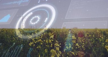 Canola alanı rüzgar türbinleri, akıllı telefonlar ve yüksek çözünürlüklü grafiklerle arttırılmış gerçeklikte izleniyor. Tarım, teknoloji, sürdürülebilirlik, veri görselleştirme, yenilik, kırsal, kırsal manzara