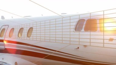 Özel jet gövdesi ön bölümü altın şebeke örtüsünü ve kanat bölümünü düz 3 boyutlu olarak gösteriyor. Lüks, havacılık, gösterişli, modern, teknoloji, seyahat, şirket