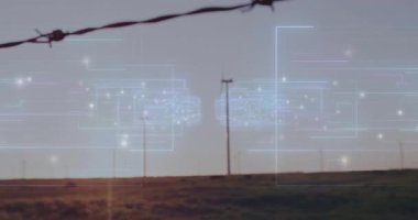 Düz dizayn rüzgar türbini çimenli ovada dönerken parlayan ağ hatları gökyüzünde kesişiyor. Sürdürülebilirlik, yenilenebilirlik, eko, çevre, teknoloji, yenilik, manzara