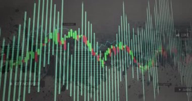 Renkli şamdan grafiği düz dizayn ufuk çizgisi panelinde sallanırken şeffaf çubuklar yükseliyor. Veri, analitik, görselleştirme, teknoloji, finans, dijital arayüz
