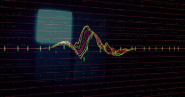 Üst üste binen yeşil ve kırmızı dalga formları parlayan kutuyla, düz tasarımla ızgarada canlandırılıyor. Teknoloji, veri, analitik, dijital, soyut, görselleştirme, geleceksel