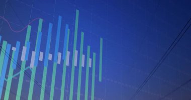 Yüksek voltajlı kuleler, alacakaranlıkta animasyon bar çizelgesi ve kırmızı trend çizgisi ile kaplanıyor. Sanayi, altyapı, enerji, teknoloji, veri, görselleştirme, manzara