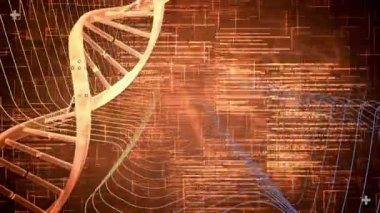 Stilize edilmiş 3 boyutlu DNA sarmalı sol tarafta dikey olarak eğriliyor, kod ve veri akışını gösteriyor. Moleküler, biyoteknoloji, yenilik, görselleştirme, dijital, geleceksel, bilimsel
