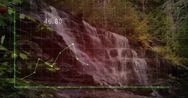 Ormanda akan çok katmanlı şelale, '33.00' işaretli neon yeşil çizgi grafiğini gösteriyor. Doğa, manzara, teknoloji, veri görselleştirme, vahşi doğa, açık hava, manzara