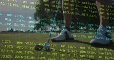 Adam manikürlü yeşile golf topu koyuyor, finans verilerini ve yüzdeleri örtüyor. Atletik, boş zaman, vektör, spor, açık hava, huzur, başarı