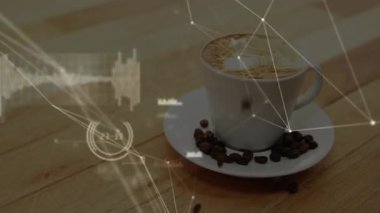 Beyaz seramik kahve fincanı 3 boyutlu görüntülenir, masa üzerinde ağ düğümleri ve kahve çekirdekleri vardır. Seramik, bağlantı, teknoloji, dijital, içecek, çalışma alanı, estetik