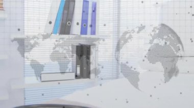 Tıbbi steteskop, dijital küreyi ve dünya haritasını animasyon resimlerinde gösteriyor. Klinik, sağlık, profesyonel, tanı, teknoloji, modern, sağlık
