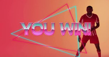 Futbolcu spor tasarımı için hazır duruyor, neon You WIN ve gradyan fon. Sporcu, zafer, enerji, modern, canlı, rekabet, motivasyon