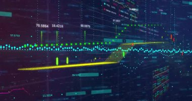 Yeşil noktalı ok, şebeke ticaret arayüzü boyunca dönüyor, şamdan ve çizgi çizelgelerini gösteriyor. Finansal analiz, piyasa eğilimleri, dijital panel, veri görselleştirme, yatırım, borsa, teknik grafikleme