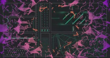 Yüzen ağ düğümlerini ve veri çıktılarını gösteren arayüz, kod parçacıkları ve harita rotalarını gösteriyor. Futuristik, teknoloji, dijital, arayüz, ağ, analitik, veri görselleştirmesi