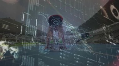 Spor teknolojisiyle stadyuma doğru koşan bir adam dünya haritası ve uçuş çizgileri sergiliyor. Atletizm, spor, teknoloji, veri görselleştirme, fitness, performans, yarışma