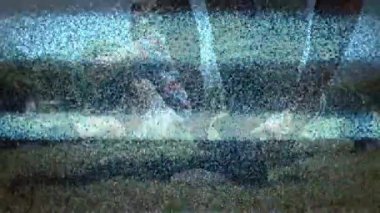 Grafik tasarımcılar, yüzen piksellerin animasyon simgeleriyle hatalı teknoloji arayüzünü keşfediyorlar. Soyut, dijital, geleceksel, teknoloji, arayüz, siber, modern