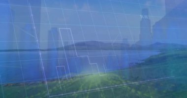 Sahil manzarasında şeffaf mavi veri animasyonu, ızgara hatlarını, bar çizelgelerini, çizgi grafiğini gösteriyor. Deniz manzarası, analitik, görselleştirme, sakinlik, teknoloji, dijital, doğa