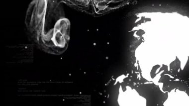 3D küre dijital ortamda oluşturuluyor, dönen parçacıkları ve yüzen kod örtülerini gösteriyor. Soyut, fütüristik, teknoloji, yenilik, bilim kurgu, dijital sanat, veri görselleştirme