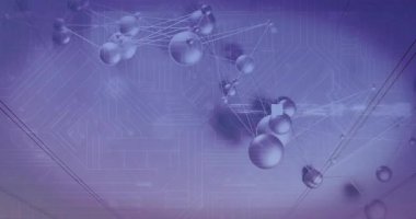 Yüzen şeffaf küreler ince beyaz çizgiler boyunca kulelerle gradyan zemin üzerinde bağlanıyor. Fütürist, dijital, soyut, teknolojik, ağ, bağlantı, endüstriyel