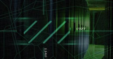 Izgara arkaplanı üzerinde çapraz neon yeşil çubuklar canlandırılıyor, 2454 okuma ve HUD simgeleri gösteriliyor. Gelecek, teknoloji, yenilik, arayüz, siber, dijital, görselleştirme