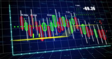 Kırmızı ve yeşil şamdan çubukları 3 boyutlu mavi ızgara üzerinde dalgalanarak sayısal veri kalıplarını gösteriyor. Finans, veri görselleştirme, dijital arayüz, teknoloji, analitik, yatırım, fütürist