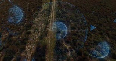 Ovalama alanının üzerinde süzülen holografik küre, noktalı küreler, halkalar ve düğüm bağlantıları yansıtıyor. Fütüristik, teknoloji, dijital, veri görselleştirme, ekolojik, yenilik, şematik