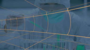 Laboratuvar teknisyeni koruyucu giysi giyip laboratuvarda yeşil test tüplerine bakıyor, 3D ızgara kaplama gösteriyor. Bilim, araştırma, yenilik, biyoteknoloji, veri görselleştirme, gelecekçi, kısır