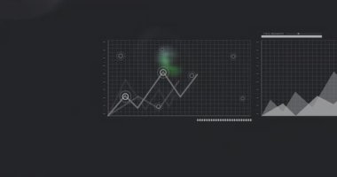 Yüzen yeşil enerji simgelerinin altında düz tasarımla koyu teknoloji gösterge panelinde hareket eden çizgi grafik paneli. Teknoloji, analitik, veri görselleştirme, sürdürülebilirlik, yenilenebilir enerji, dijital arayüz, yenilik
