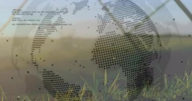 Çimenli rüzgar çiftliğinin üzerinde yüzen noktalı küre, kod parçalarını temiz enerjiyle birleştiriyor. Teknoloji, sürdürülebilirlik, çevre dostu, dijital, yenilik, çevre, yenilenebilir
