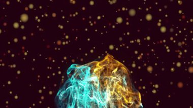 Dönen cyan ve altın parçacıklar parlayan bokeh noktalarıyla karanlık uzayda sürükleniyorlar. Soyut, dijital sanat, fütüristik, aydınlık, kozmik, hareketli, canlı
