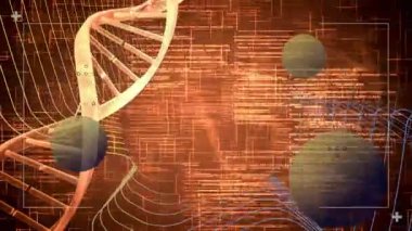 DNA çift sarmal yukarı doğru kıvrılıyor, yüzen yeşil düğümler ve parlayan kodlarla. Biyoteknoloji, veri görselleştirme, dijital arayüz, bilimsel, geleceksel, bilimsel araştırma, siber