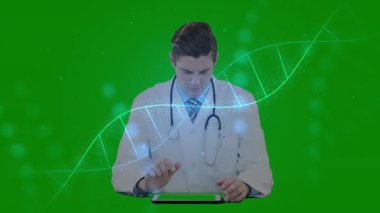 Tıp laboratuarında ilaç kullanan erkek doktor stetoskop, yüzen parçacıklar ve DNA sarmalı gösteriyor. Sağlık, biyoteknoloji, yenilik, bilim, araştırma, fütüristik, dijital