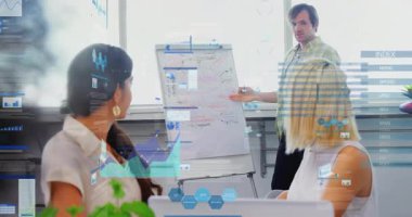 Sunucu, iş toplantısında dijital grafiklerin altını çizerek parmak arası markalaşma zihin haritasını işaret ediyor. İşbirliği, beyin fırtınası, fikir, şirket, sunum, takım çalışması, analitik