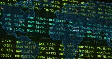 Dijital dünya haritası yüzen finans saatleri ve düz tasarımda geometrik işaretlerle canlandırılıyor. Teknoloji, analitik, veri, ağ, yenilik, kurumsal, soyut