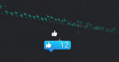 Koyu dijital arayüz boyunca hareket eden yüzen başparmaklı simgeler mavi sayım baloncuğu 47 'yi gösteriyor. Futuristik, teknoloji, veri görselleştirme, dijital ağ, sosyal medya, arayüz tasarımı, soyut sanat