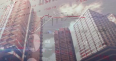 Modern ofis gökdelenleri finans sahnesinde kırmızı beyaz trend çizgileri ve şamdanlarla canlandırılıyor. Kentsel, gökdelen, finans, veri, veri görselleştirme, modern, kurumsal