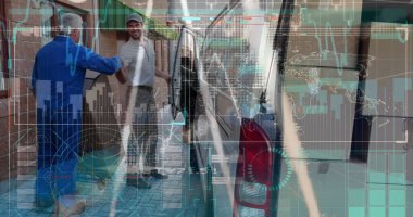 Kafkasyalı depo çalışanı ve kurye üzerinden finansal veriler. iş, finans ve dağıtım hizmetleri kavramı dijital olarak oluşturulmuş görüntü.