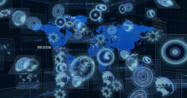 Karanlık arka planda veri işleme resmi. küresel iş, dijital arayüz ve teknoloji konsepti dijital olarak oluşturulmuş görüntü.