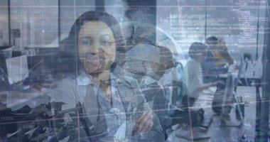 Çeşitli iş adamları üzerinde istatistik ve finansal veri işleme görüntüsü. küresel veri işleme, işletme, finans ve ekonomi kavramı dijital olarak oluşturulmuş görüntü.