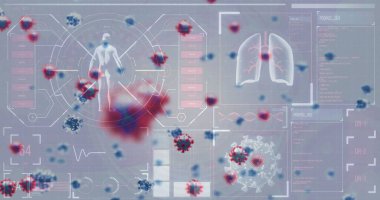 Yüzen kırmızı-mavi sivri uçlu virüs parçacığı tıbbi gösterge paneli arayüzünde, siluet ile sürükleniyor. Sağlık, teknoloji, yenilik, tanı, veri görselleştirme, gelecekçilik, biyoteknoloji