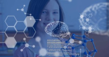 Kafkasyalı liseli kız üzerinde bilimsel veri işleme imgesi. eğitim ve öğrenme kavramı dijital olarak oluşturulmuş görüntü.