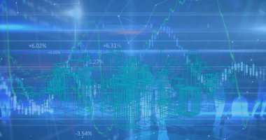 3D şehir manzarası üzerinde finansal veri işleme resmi. küresel veri işleme ve geliştirme kavramı dijital olarak oluşturuldu.