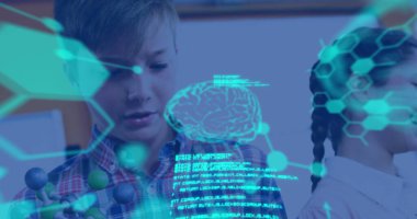 Çeşitli öğrenci grupları üzerinde bilimsel veri işleme resmi. eğitim ve öğrenme kavramı dijital olarak oluşturulmuş görüntü.